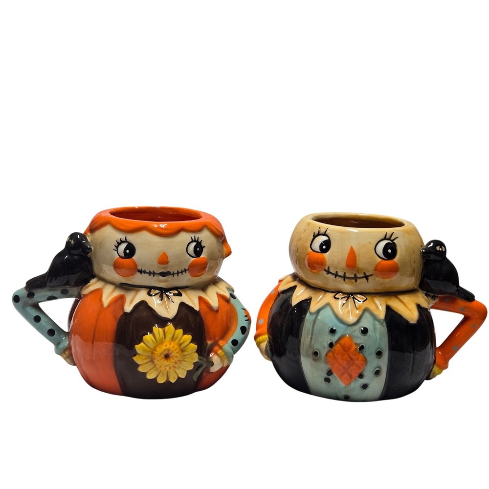 Set of 2 Ceramic Scarecrow Crow Coffee Mugs Fall Harvest Autumn Cups 3D